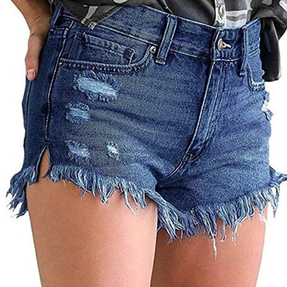 Mid-Rise Distressed Jean Shorts with Frayed Hems - Picture 2 of 5